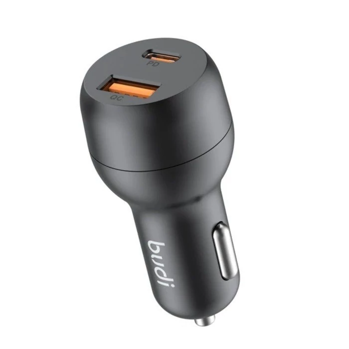 شارژر فندکی 38 وات بودی مدل Budi CC108TB با خروجی USB و USB-C