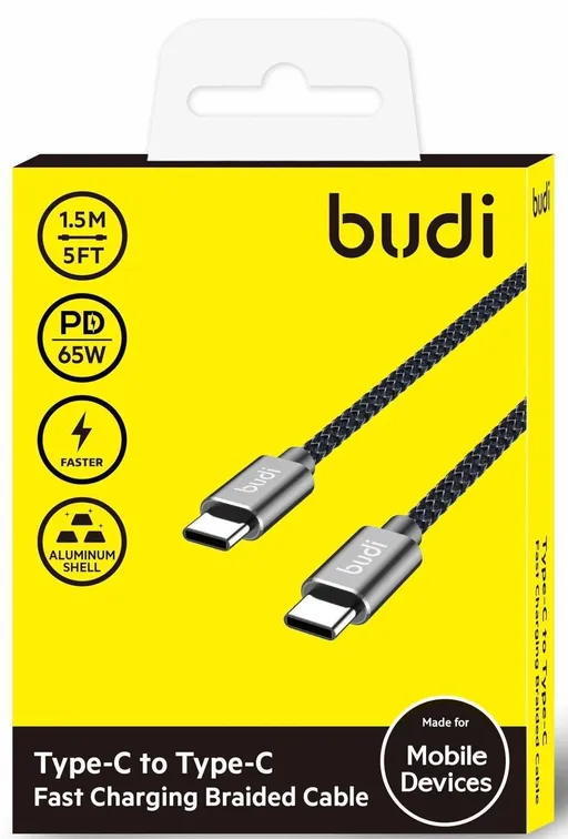 کابل شارژ کنفی ‌USB-C به ‌USB-C بودی مدل Budi DC206TT15 توان 65 وات طول 1.5 متر