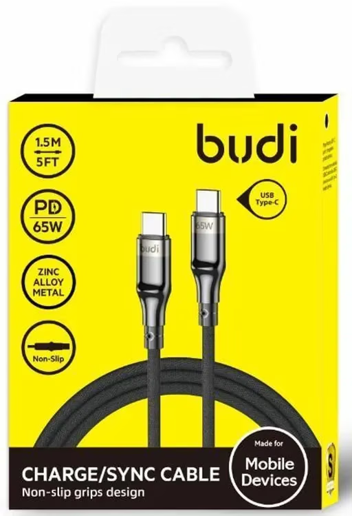 کابل شارژ کنفی ‌USB-C به ‌USB-C بودی مدل Budi DC239TT15 توان 65 وات طول 1.5 متر